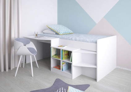 Кровать-чердак детская Polini kids Simple со столом и полками 4000, белый