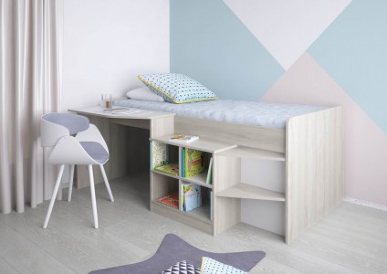 Кровать-чердак детская Polini kids Simple со столом и полками 4000 , вяз-белый